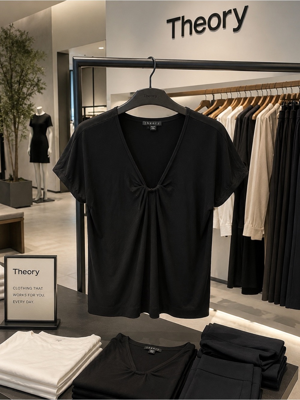 Theory Black Short-Sleeve V-Neck Knot-Front Tee